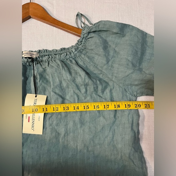 Terzo Millennio Women's Green Ruffle Top Off Shoulder Pure Linen Italy L NWT - Picture 8 of 10